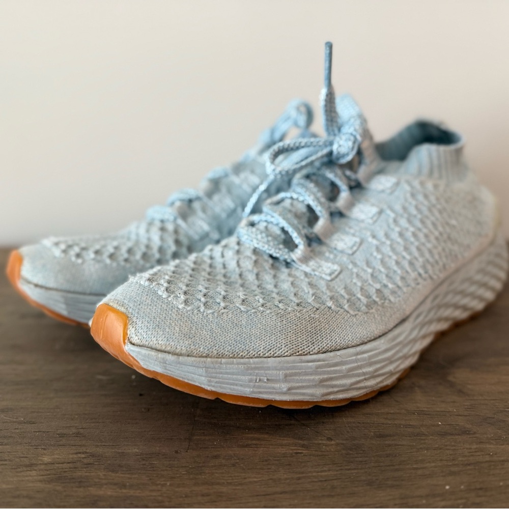 Light Blue Knit Sneakers with Tan Soles